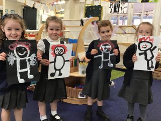 Reception have been writing stories about Dan. Dan had rosy red cheeks and a mop of red hair. We painted some wonderful pictures of Dan.